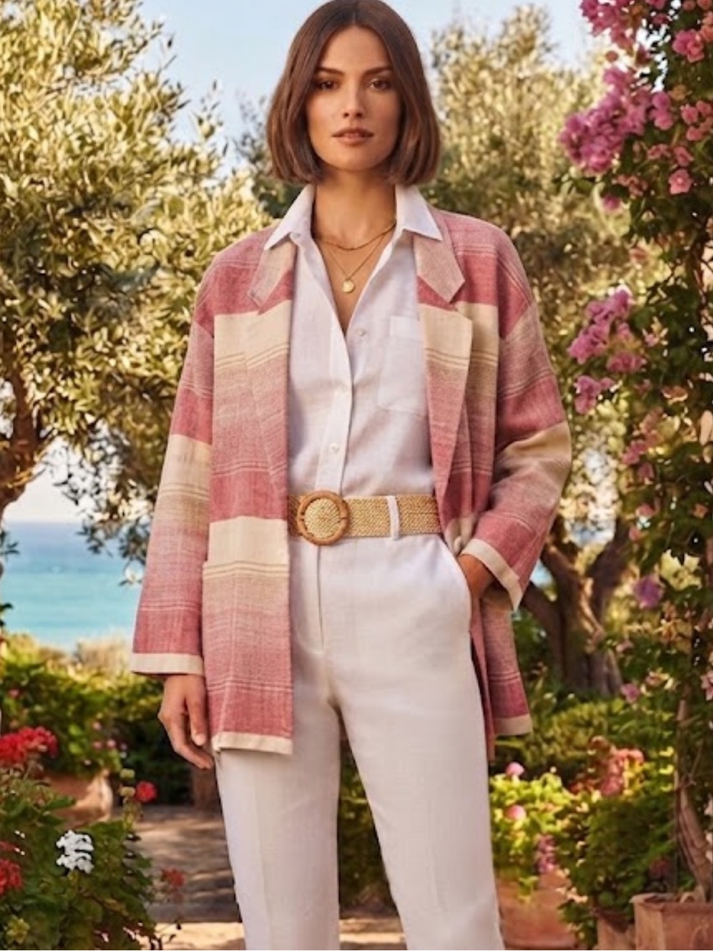NWOT Paula Saker Red & Cream Woven Linen Blazer Jacket Size 14